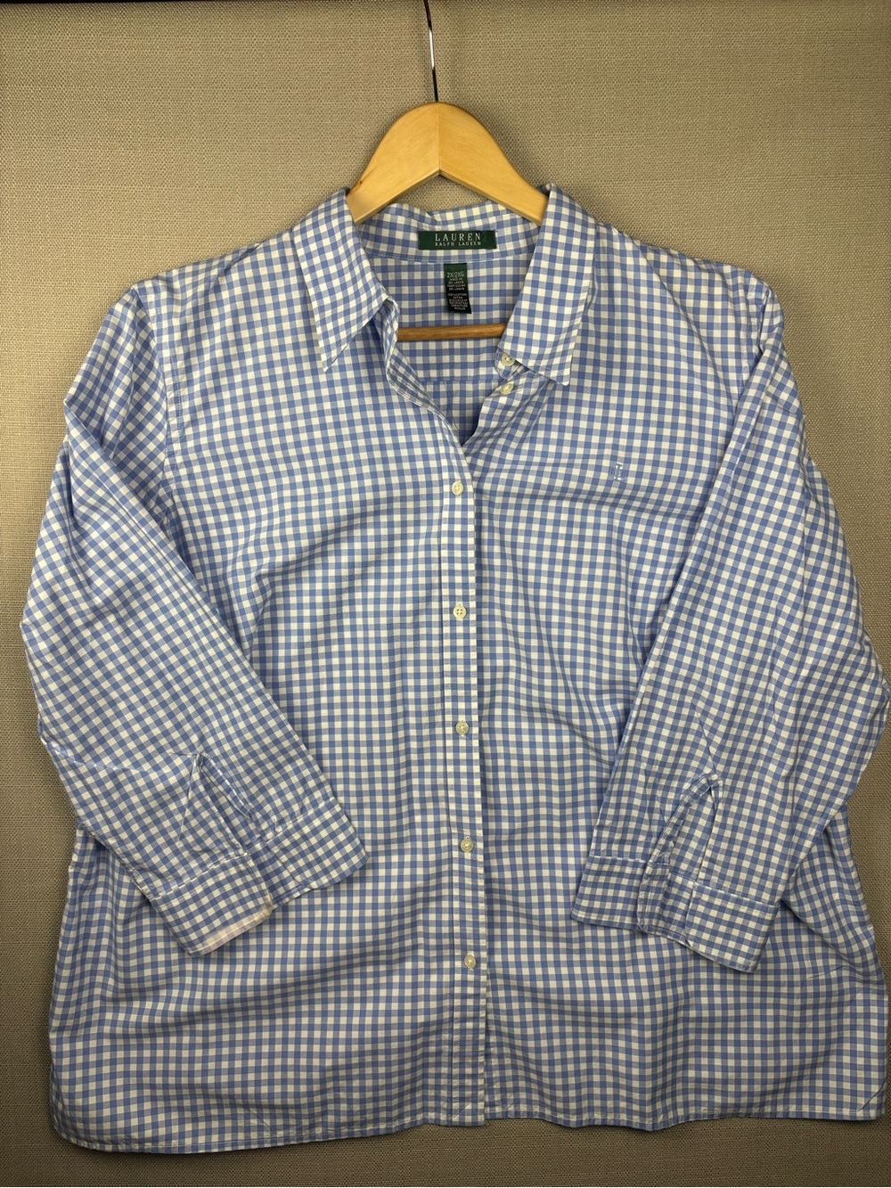 Lauren Ralph Lauren Women’s 2X Blue White Gingham Button Down Shirt 100% Cotton